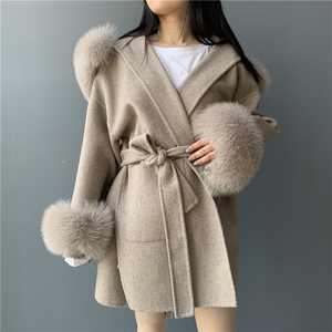 Custom Fuzzy Fur <strong>Hood</strong> Double Faced Woolen <strong>Coat</strong> Belt Soft Winter Fluffy Big Real Fox Fur Collar Cuffs Luxury <strong>Wool</strong> <strong>Coat</strong> for Women - Product Image 4