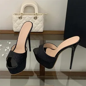 Zapatillas de tacón de aguja con lentejuelas y plataforma para mujer, sandalias de verano con punta abierta, para banquetes, de goma - Product Image 3