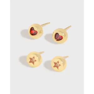 Mini boucles d'oreilles en argent Sterling plaqué or en cristal étoile en argent Sterling S925 en forme de cœur rubis pour femmes