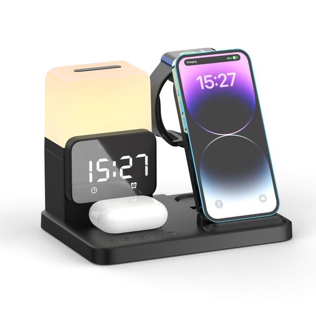 New 15W Fast Wireless Charging Station,Desktop 6 in 1 Wireless Charger With Night Light and Alarm Clock