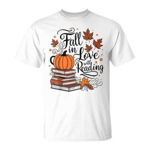 T-shirt pour enseignants « S'enthousiasmer pour la lecture » avec des citrouilles d'automne - Product Image 1