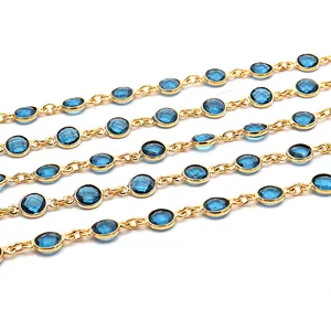 Gemstone Blue Topaz Bezel 6 MM Handcrafted Connector Gold Plated Chains Wholesale