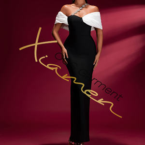 Robe de soirée maxi élégante en laine imprimée respirante à panneaux blancs et noirs pour femmes, livraison directe MF - Product Image 1