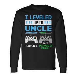 T-shirt à manches longues « Leveled Up To Uncle 2026 » sur le thème des jeux vidéo, design « Soon To Be Uncle » - Product Image 1