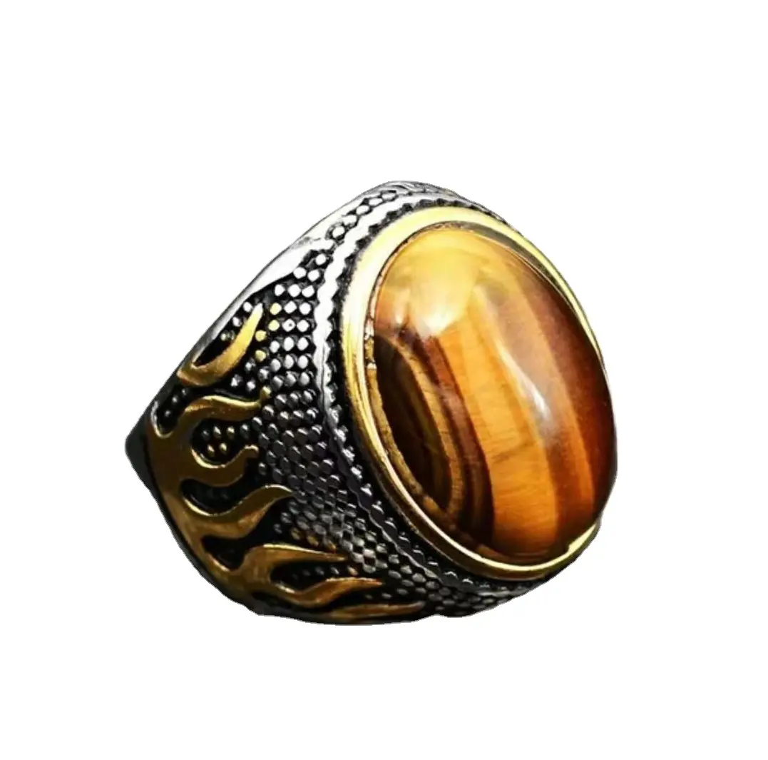 2022 Vintage Turkije Stijl Opaal Agaat Ring Mannen Ring 7-12 Size Hip Hop Zilveren Sterling Vlam Patroon Tijger eye Ring