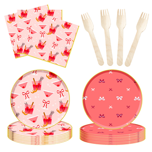 DAMAI - Vajilla Desechable de Papel Personalizada para Fiestas de Cumpleaños, Platos y Vasos de Papel con Temática de Postre Rojo Champán - Product Image 1