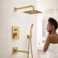 Ensemble de douche contemporain en laiton avec pommeau de pluie carré, douchette à main et bec de baignoire, finition bronze huilé