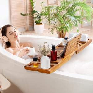 Plateau de <span class=keywords><strong>baignoire</strong></span> en teck Plateau de bain de luxe avec poignées extensibles Verre à vin et supports de téléphone, support de livre Plateau de <span class=keywords><strong>baignoire</strong></span> pliable - Product Image 5