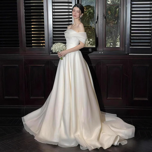 French Style Off Shoulder Wedding Dress White Natural Waistline Short Train Elegant Brides Gown Coming Of Age Ceremony - Product Image 3