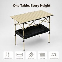 Table de camping pliante à hauteur réglable en acier au carbone, plateau large, sac de rangement en maille, structure en X, pour l'extérieur, vente en gros