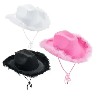Sombrero Vaquero de Cuero Rosa 2023, Estilo Occidental Enrollado para Mujer, Casual, para las Cuatro Estaciones, con Borde de Plumas - Product Image 1