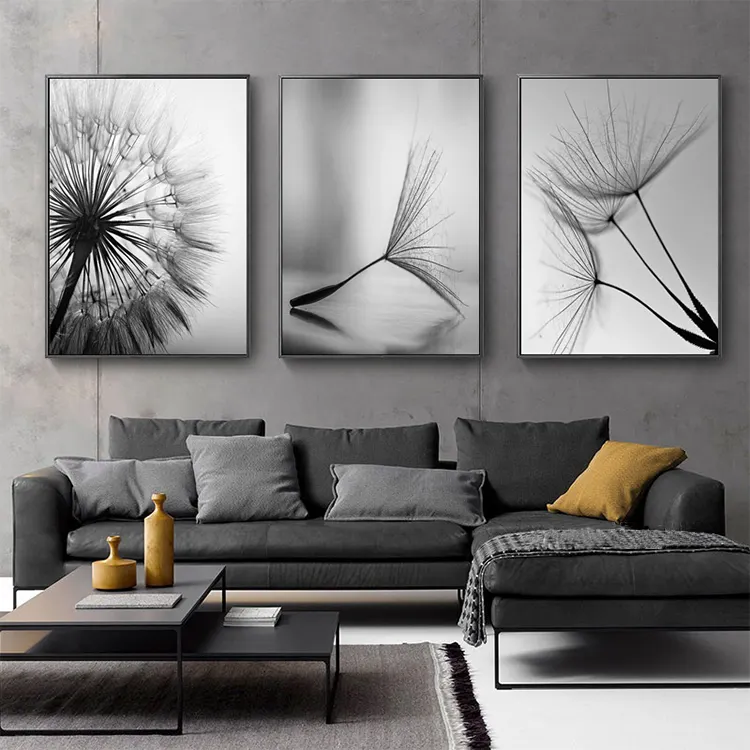 Toile de fleurs de pissenlit noir et blanc, image d'art moderne pour décoration de maison, affiche murale abstraite pour salon