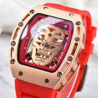 Montre mécanique automatique à cadran crâne creux, boîtier tonneau, bracelet en caoutchouc, montre-bracelet de luxe sport pour homme