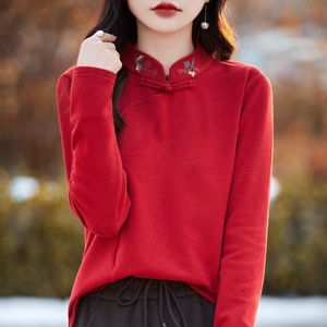 Chinese Style Embroidered Stand Collar Sweater Long Sleeve Women Autumn Winter Base Layer Top Breathable Gray White Apricot - Product Image 2