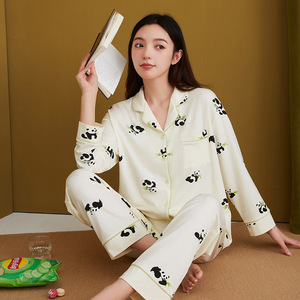 PJ-1463 Ensemble de pyjama pour femme à manches longues imprimé panda, en coton fin, vêtements de maison, taille Miss, 2 pièces - Product Image 1
