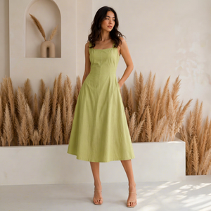 Elegante y Sencillo Vestido Midi Bohemio de Lino Verde Lima sin Mangas con Cuello Cuadrado, Ropa Casual de Verano Ecológica para Mujer - Product Image 1