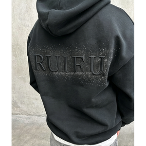 OEM Custom 3D Flat Patch Embroidery Heavyweight Hoodies Rhinestone Stich Print Hoodi Streetwear Cotton Oversized Hoodie For Men - Product Image 3