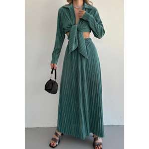 Conjunto de lino 100% al por mayor, color menta, de pana, talla XS, informal, de una pieza con pantalón de pierna ancha y top liso, atuendo tejido hasta el tobillo. - Product Image 3