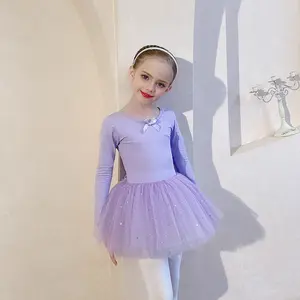 儿童舞蹈连衣裙长袖亮片纱布女童训练连体短裙紫色