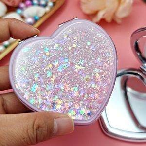 Miroir de poche pliable double face à paillettes en forme de cœur, effet sable mouvant liquide brillant, OEM d'usine - Product Image 5