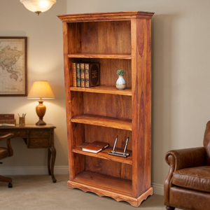 Bibliothèque ouverte moderne en bois massif, 5 étagères, style farmhouse, meuble de bureau à domicile, vitrine, artisanat indien - Product Image 3