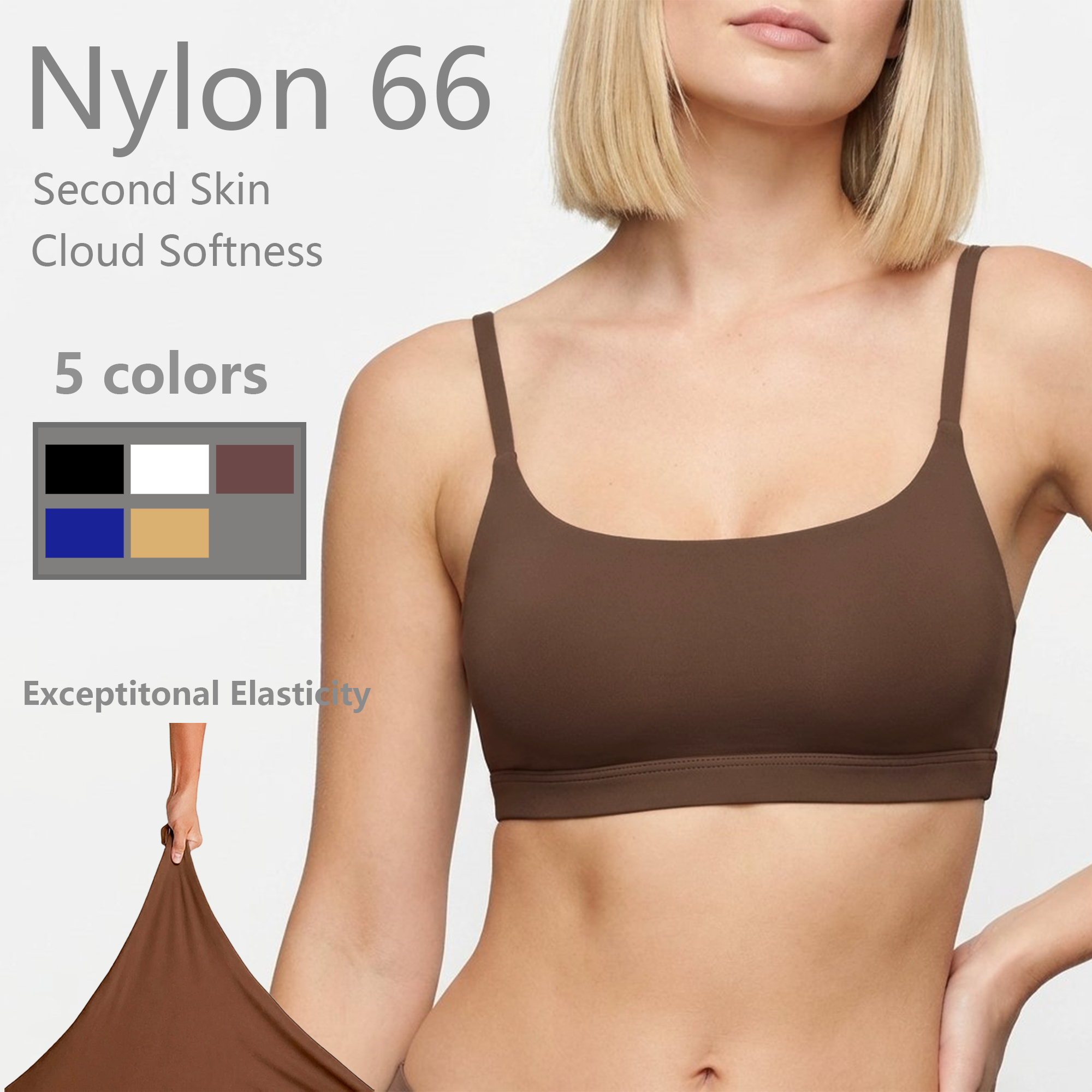 Second Skin 90gsm Lightweight PA66 Nylon High Stretchy Breathable Wicking Function Adjustable Strap No Cup Sport Bra