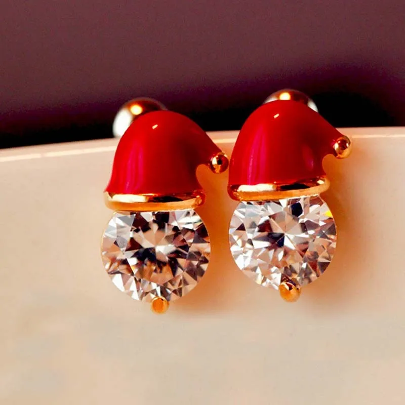 Christmas Santa Claus Hat Ear Stud Alloy Crystal Earrings Gift for Christmas Beauty Jewelry