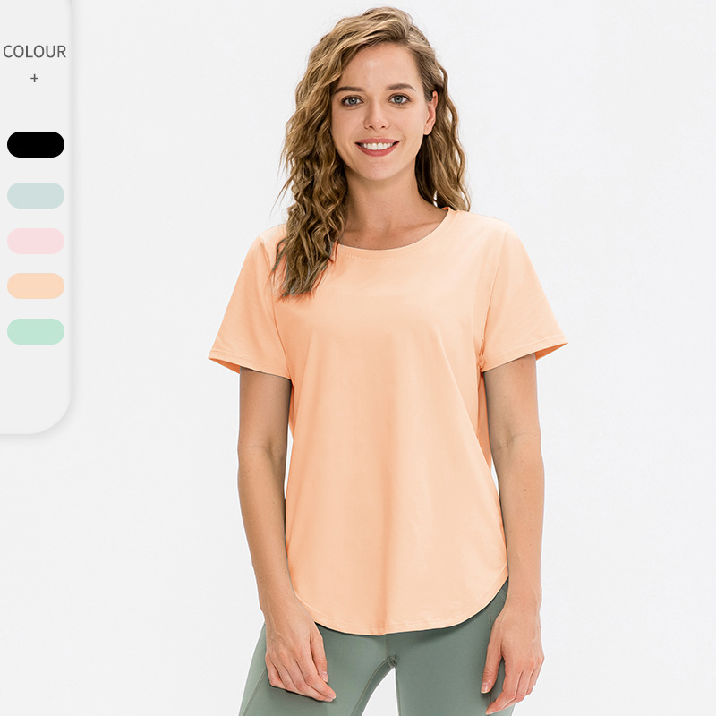Women's Fashion Half-Sleeve Yoga Top Quick-Drying Workout Sports T-Shirt Lightweight Breathable Elastic Fitness Wear Solid Crew