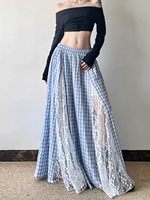 Jupe longue vintage à carreaux pour femme, ornée de perles et de dentelle, bleue et blanche, taille élastique, élégante, évasée, 100 % polyester