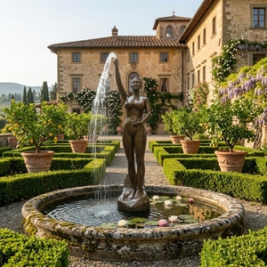 Fontaine d'eau sculptée en bronze coulé sur mesure avec figurine féminine à bras surélevés pour villa, piscine, hall d'hôtel, place publique, jardin, aménagement paysager - Product Image 2
