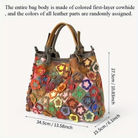 Tas Tangan Wanita Kulit Asli Motif Retro dengan Aplikasi Ritsleting, Lapisan Atas Kulit Sapi, Sambungan Kulit, Kapasitas Besar, Motif Bunga Berwarna-warni
