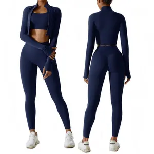Women Workout Gear Cloud Soft Nylon Tight Long Sleeve Zipper Jacket Sports Bra 3 Piece Leggings Set Tracksuits