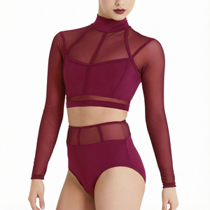 Ensemble de costumes de danse jazz pour femmes, haut à manches longues transparent, pantalon taille haute, tenue de scène - Product Image 1