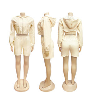 Viviblook Z1118ST01 <b>Women's</b> Leather Suit Casual Hooded Zipper Jacket Shorts Matching PU <b>2</b> <b>Piece</b> Plus Size <b>Set</b> - Product Image 5