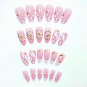 Oferta Especial: 24 <span class=keywords><strong>Uñas</strong></span> <span class=keywords><strong>Postizas</strong></span> Francesas Rosadas con Detalles Dorados en 3D, Forma Almendrada, Longitud Media, Pre-diseñadas, de ABS, <span class=keywords><strong>Marca</strong></span> Personalizable - Product Image 3