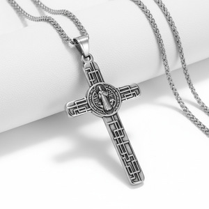 Collier avec pendentif croix en acier inoxydable, couleur blanc antique K, bijoux unisexe, cadeau - Product Image 1