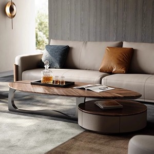 Luxury Coffee Table Designer Style Walnut Wood Irregular Shape With Drawers For Living Room Home Use - Product Image 2
