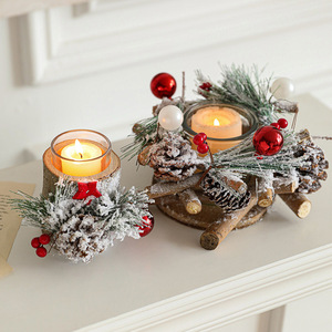 Portavelas de cristal LANJO con diseño festivo de ramas de madera, conos de pino y bayas, para centro de mesa navideño. - Product Image 1