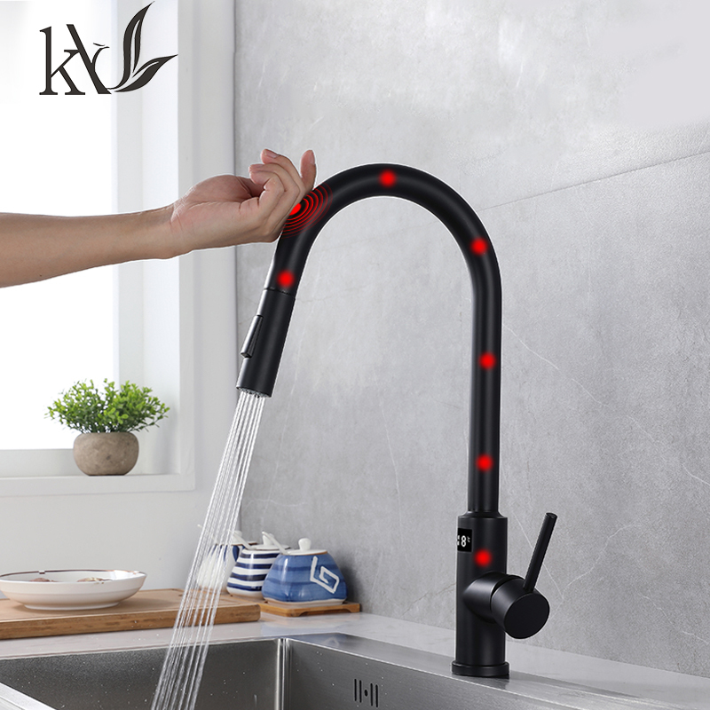 Smart Kitchen Hub Touch Sensing Kitchen Faucet 360 Degrees Rotating Digital Display Black Pull Out Sink Tap Kitchen Faucet