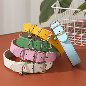 Pet <b>Collar</b> PU Leather Adjustable With Bell For Cat Dog <b>Puppy</b> Japanese Style Solid Color Four Seasons Use - Product Image 2