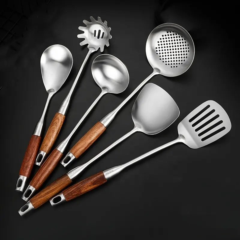 Ensemble d'ustensiles de cuisine en acier inoxydable avec poignées en bois naturel, spatule à louche de qualité 304 de 15 pouces