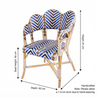 Chaise de bistrot d'extérieur en osier, structure en rotin naturel, tressage bleu chevron, fauteuil de loisirs robuste pour restaurant et hôtel, Émirats arabes unis