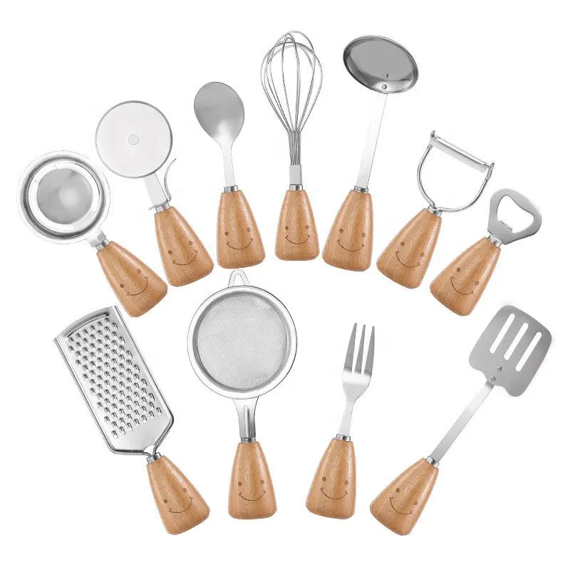 Wooden handle stainless steel smiley face solid wood kitchen utensils set kitchen baking children's knives forks spoons