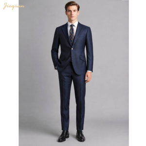 Costume sur mesure homme, simple boutonnage, en tissu TR, revers cranté, 2 boutons, ensemble 2 pièces, bleu marine, poches obliques, pour affaires, mariage, bureau - Product Image 1