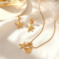 Parure de bijoux de plage en acier inoxydable plaqué or 18 carats avec pendentif coquillage, étoile de mer et perle, boucles d'oreilles, pour femme