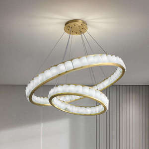 Lustre LED rond doré avec abat-jour en verre pour plafonnier de salon, base d'ampoule E27, blanc chaud 3500K - Product Image 3