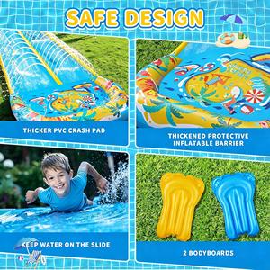 Tobogán Acuático de PVC con Estampado Tropical Azul y Amarillo, con Aspersor y 2 Tablas para Niños, para Carreras en el Patio Trasero, 480x82 Pulgadas - Product Image 5