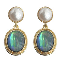 Boucles d'oreilles à clip en cuivre doré avec perle naturelle de coquille d'ormeau, non percées, style serpentin anti-moustiques