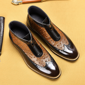 Bottines à bout pointu en cuir verni pour homme, imprimé autruche, fermeture éclair avant, bottes tendance en cuir véritable - Product Image 2