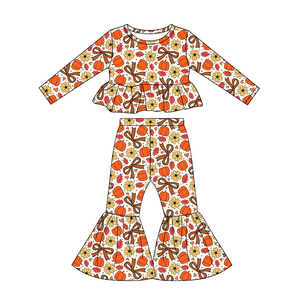GLP3343 Ensemble personnalisé pour petite fille, fleurs oranges, nœuds, tenue d'automne, vêtements pour enfants, vente en gros, ensemble à manches longues - Product Image 3